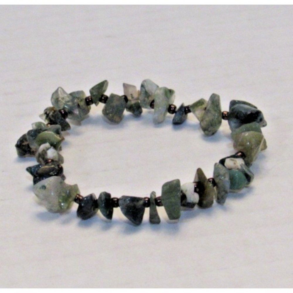 Green Moss Agate‎ Chip Stretch Bracelet Natural Gemstone Boho Earthy Jewelry 7in
